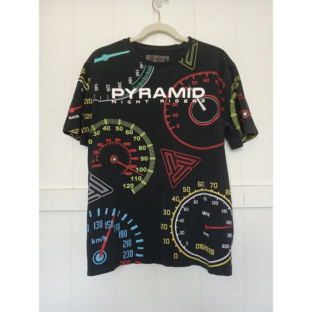 Black Pyramid Night Riders Graphic All Over Print T Shirt Mens‎ L Black Cotton